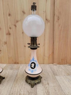 Antique French Hand Painted Porcelain & Brass Petroleum Table Lamps - Pair