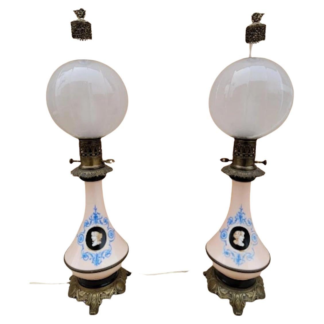 Antique French Hand Painted Porcelain & Brass Petroleum Table Lamps - Pair