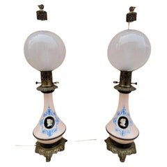 Antique French Hand Painted Porcelain & Brass Petroleum Table Lamps - Pair