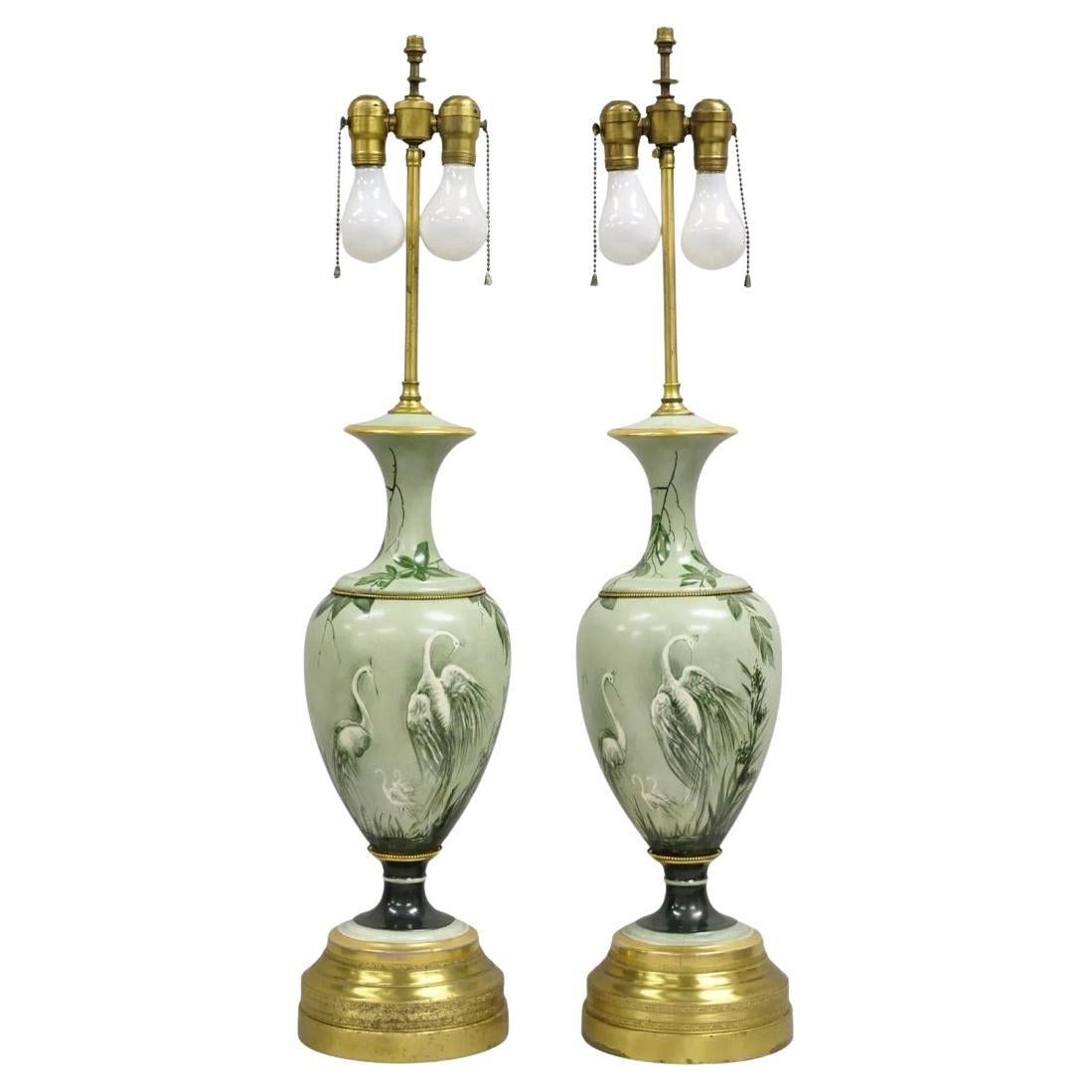 Antique French Hand Painted Porcelain "Cranes" Bird Green Urn Table Lamps - Pair For Sale