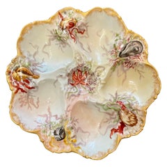 Antique French Hand-Painted Porcelain Oyster Plate Signed "Tressemanes & Vogt"