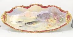 Antique French Hand-Painted Red & Gold Limoges Porcelain 13 piece Fish Set, 1900