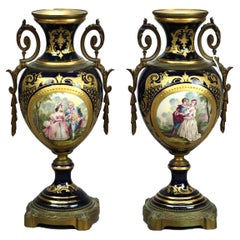 Antique French Hand Painted Sevres School Porcelain & Ormolu Urns 19th C