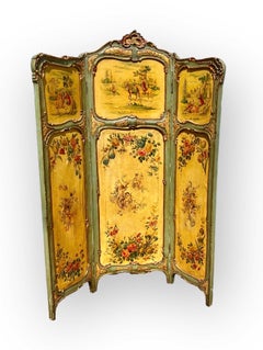 Antique French Hand Painted Three Panel Dressing Screen