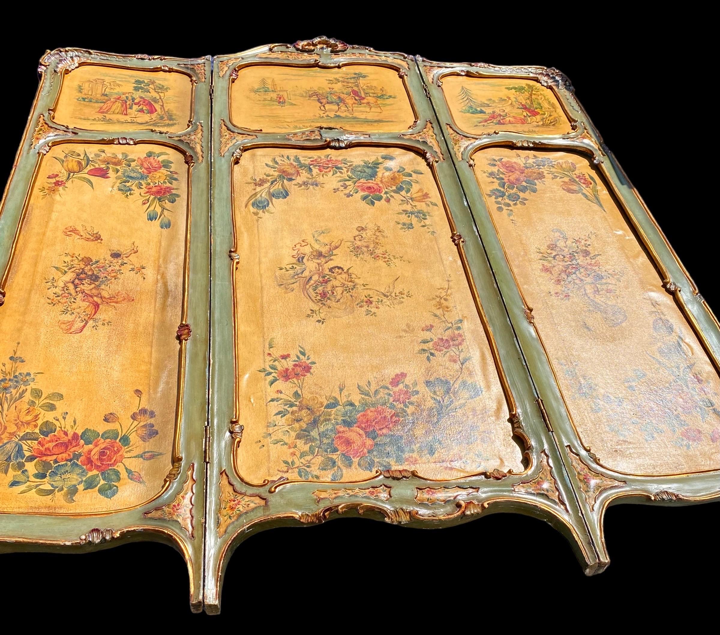 Antique French Hand Painted Three Panel Dressing Screen In Good Condition For Sale In New Orleans, LA