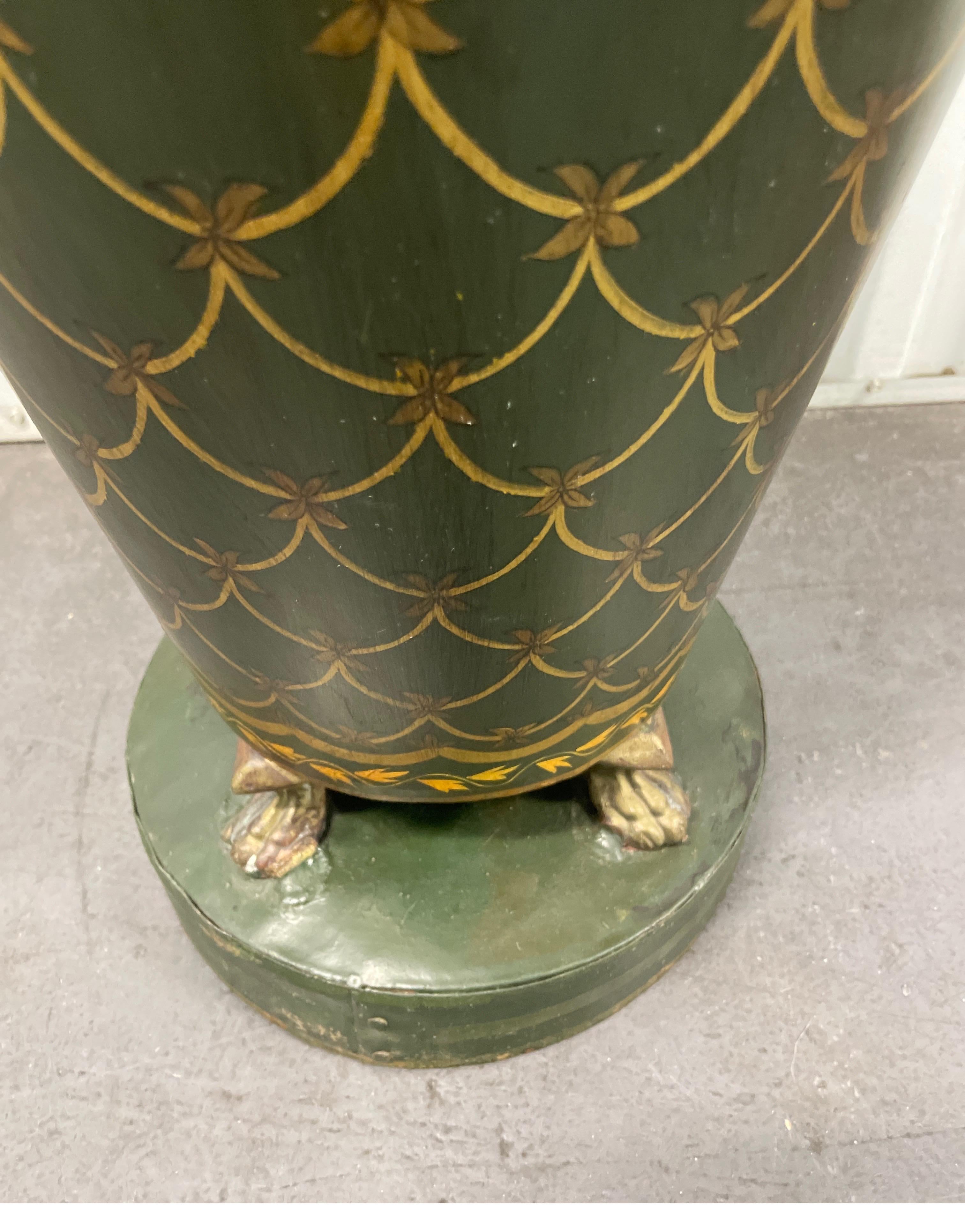 Antique hand painted and footed French Tole container attached to circular base.
