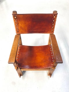 Antique French Handmade Brutalist Oak & Cognac Leather Castle Armchair, 1920s