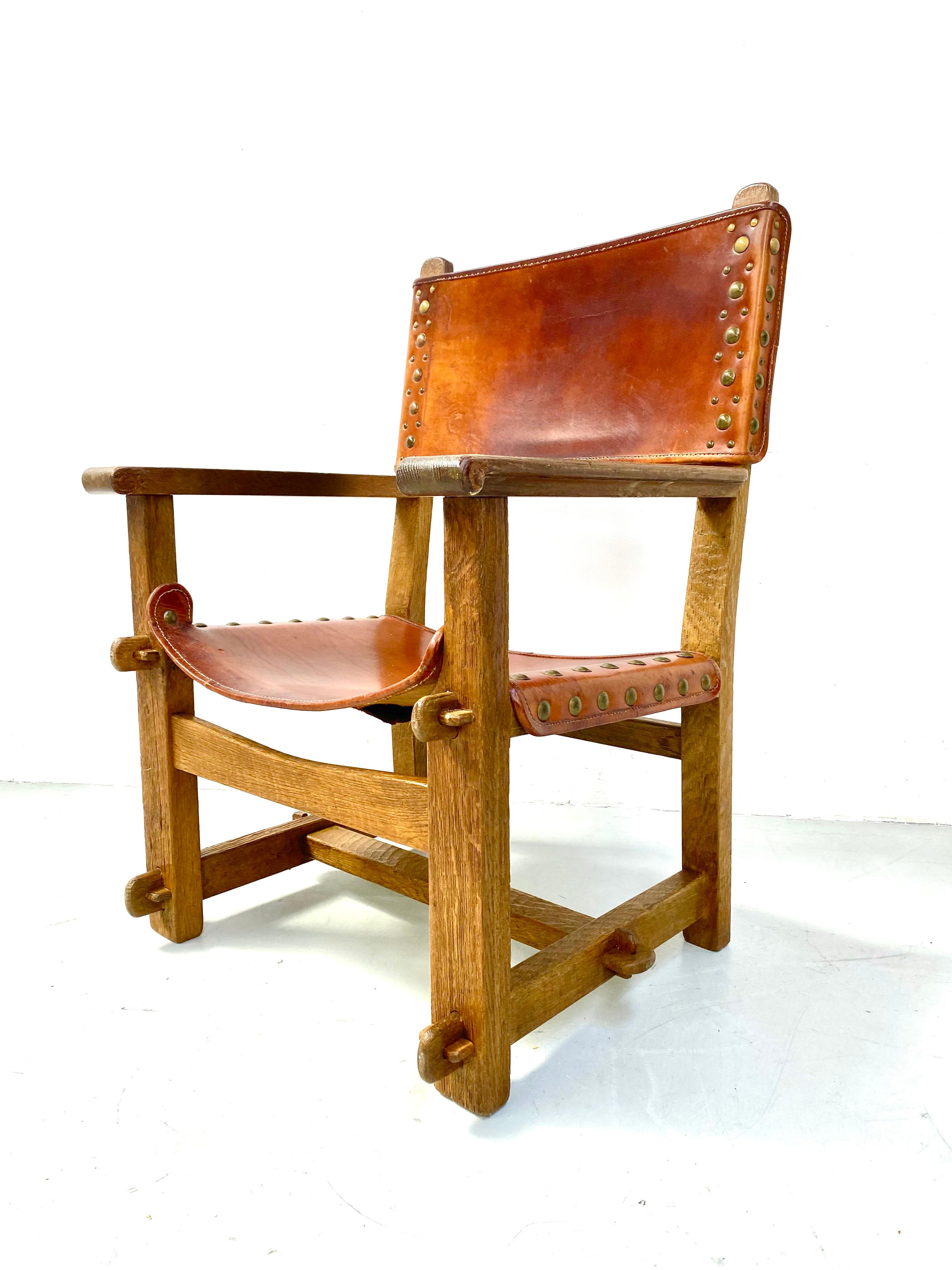 Antique French Handmade Brutalist Oak & Cognac Leather Castle Armchair, 1920s For Sale 4