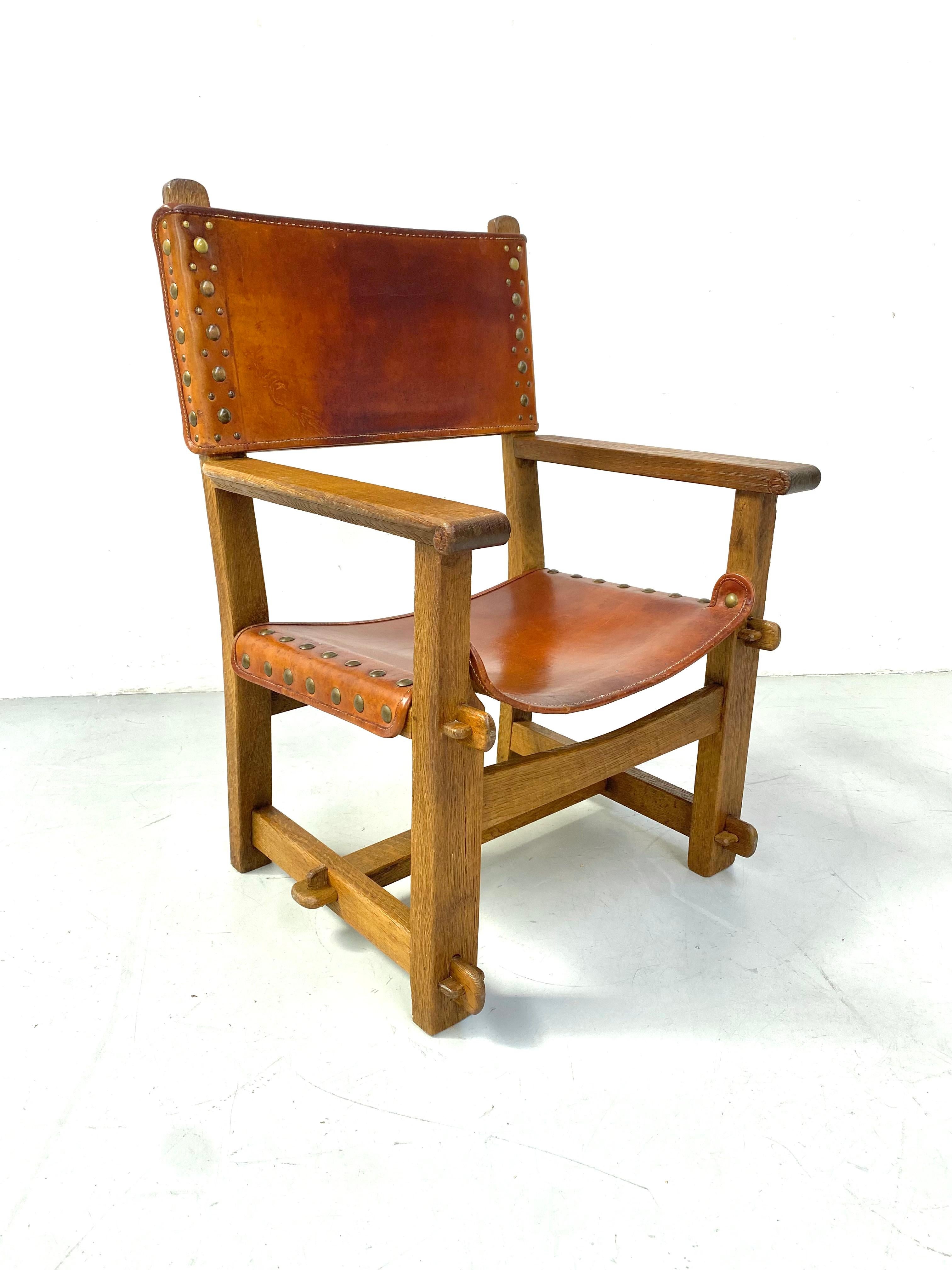 Antique French Handmade Brutalist Oak & Cognac Leather Castle Chairs, 1920s. For Sale 4