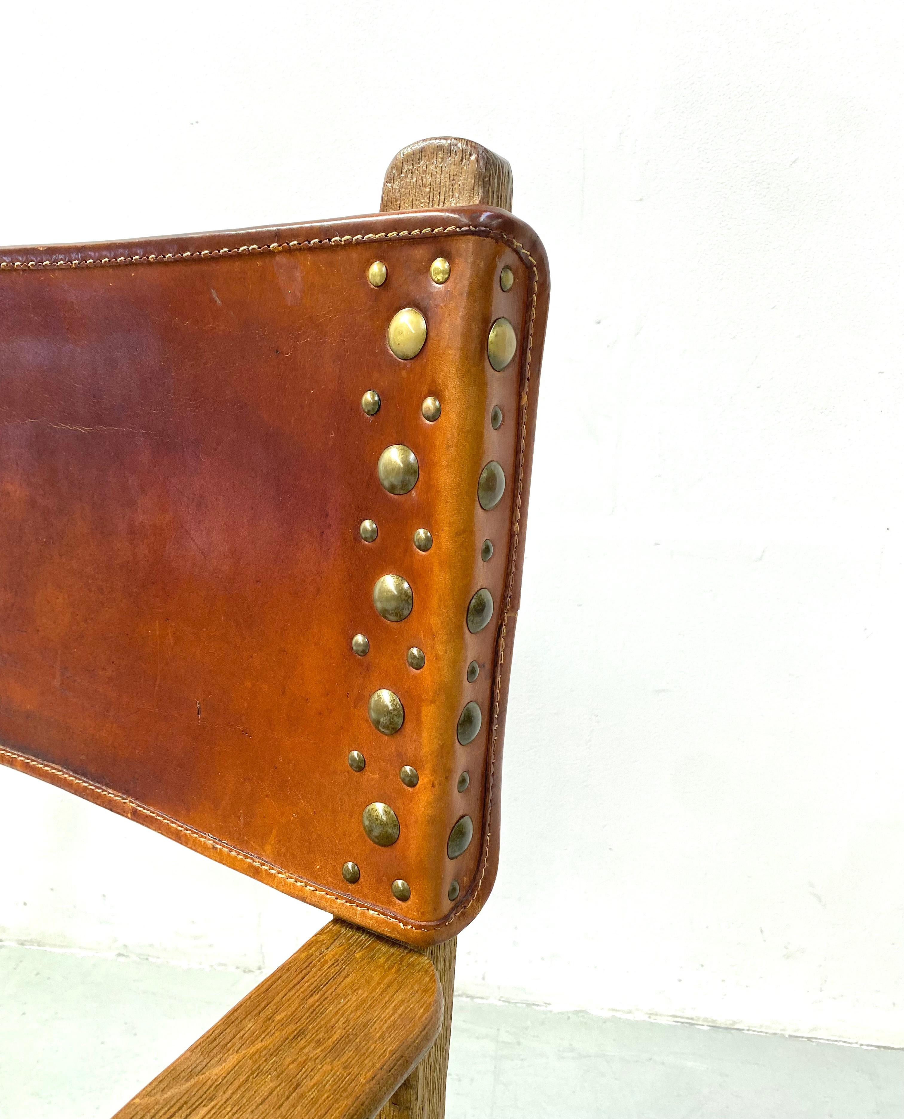Antique French Handmade Brutalist Oak & Cognac Leather Castle Chairs, 1920s. For Sale 6