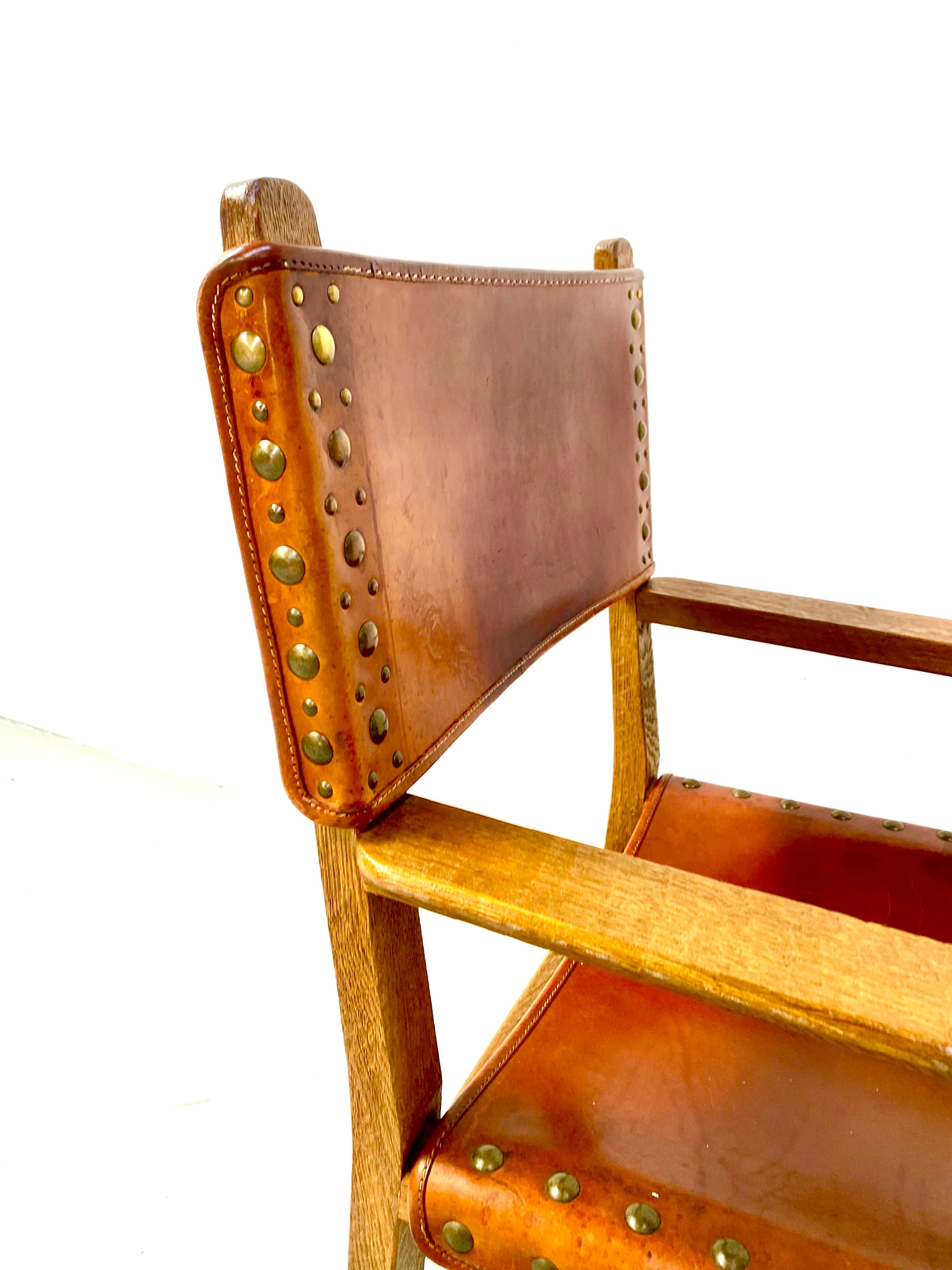 Antique French Handmade Brutalist Oak & Cognac Leather Castle Chairs, 1920s. For Sale 7