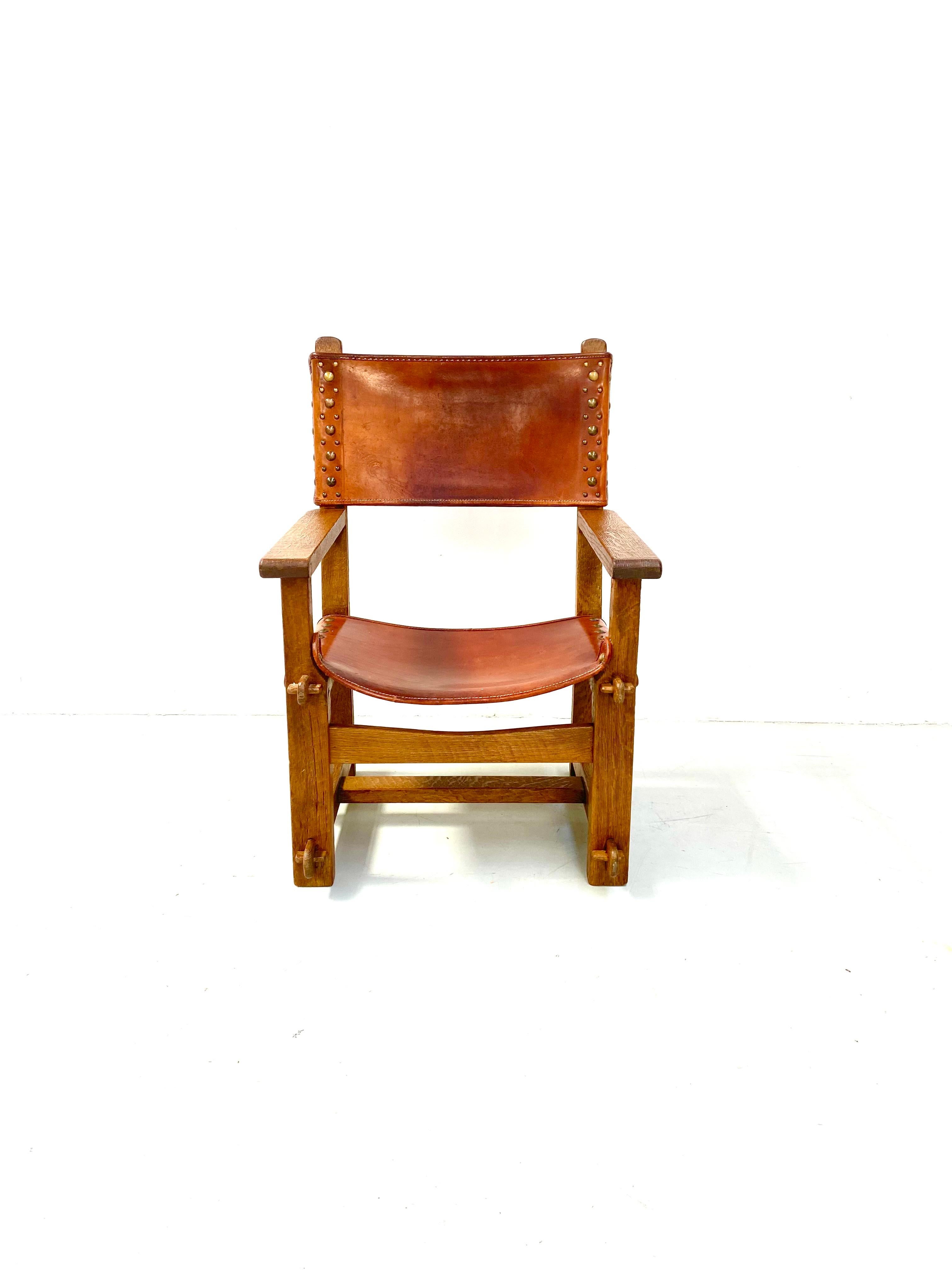 Antique French Handmade Brutalist Oak & Cognac Leather Castle Chairs, 1920s. For Sale 1