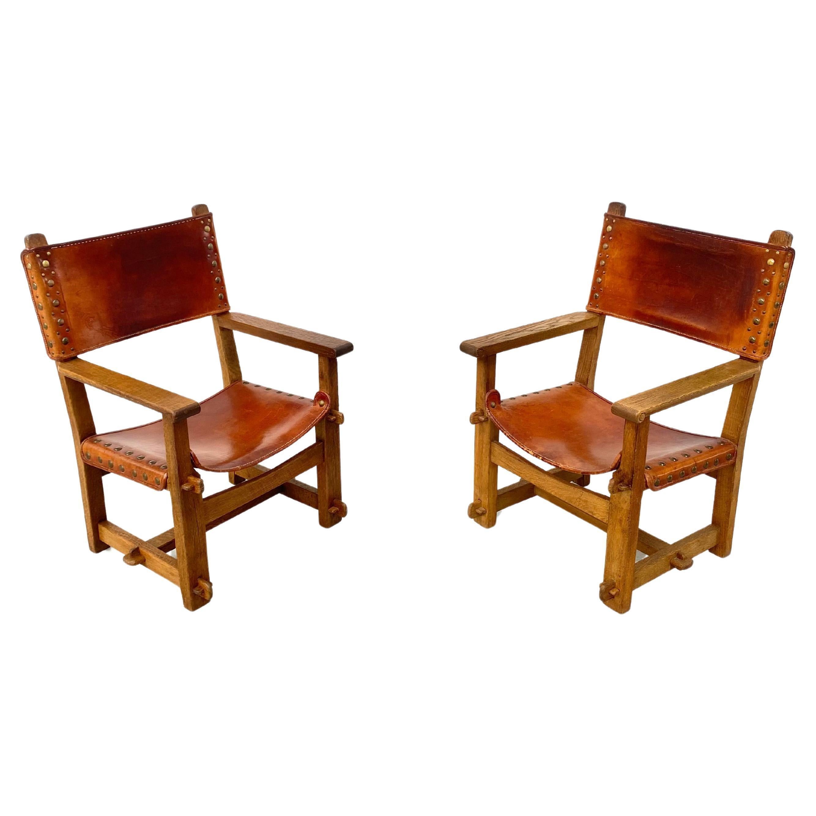 Antique French Handmade Brutalist Oak & Cognac Leather Castle Chairs, 1920s. For Sale 2
