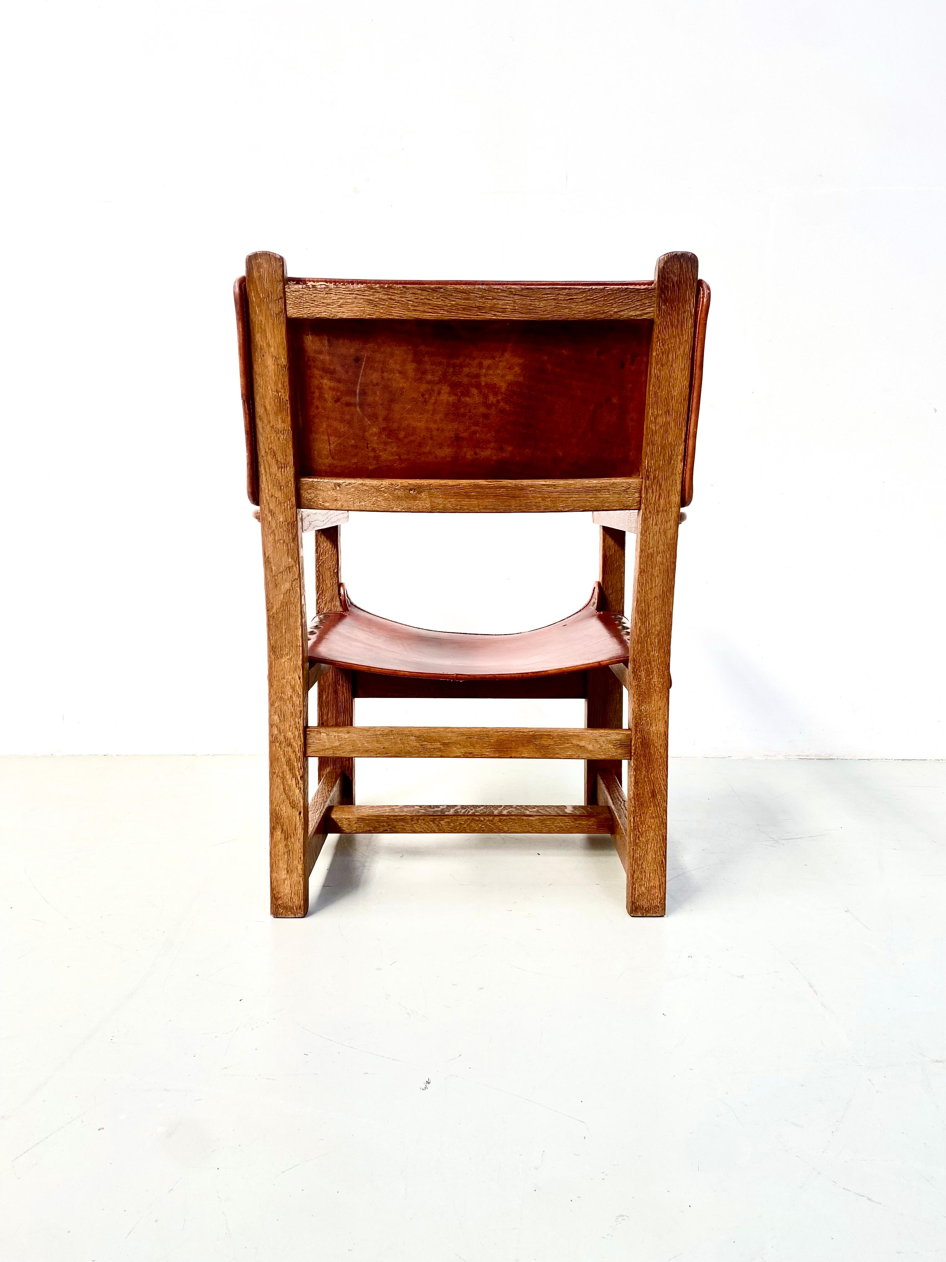 Antique French Handmade Brutalist Oak & Cognac Leather Castle Chairs, 1920s. For Sale 3