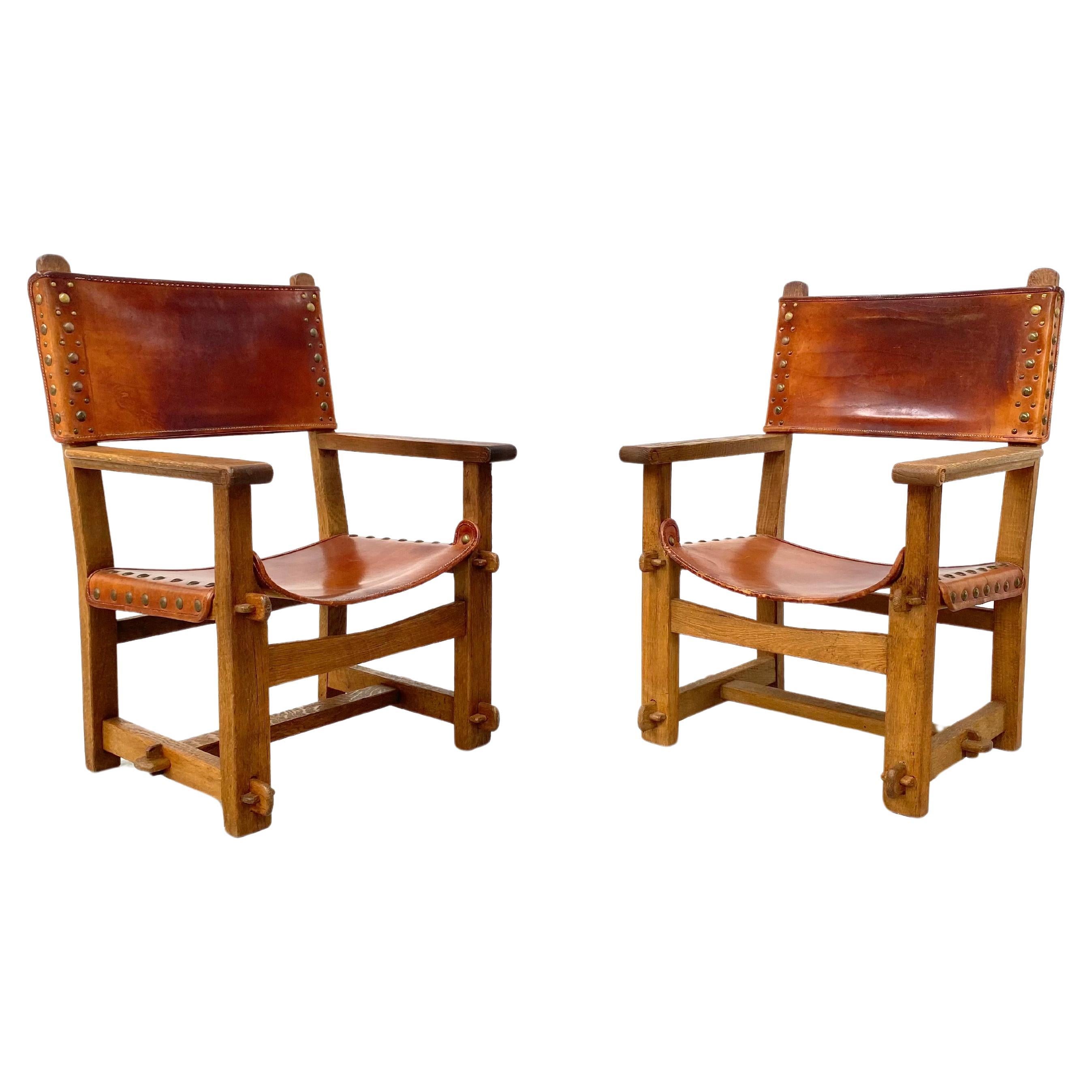 Antique French Handmade Brutalist Oak & Cognac Leather Castle Chairs, 1920s. For Sale