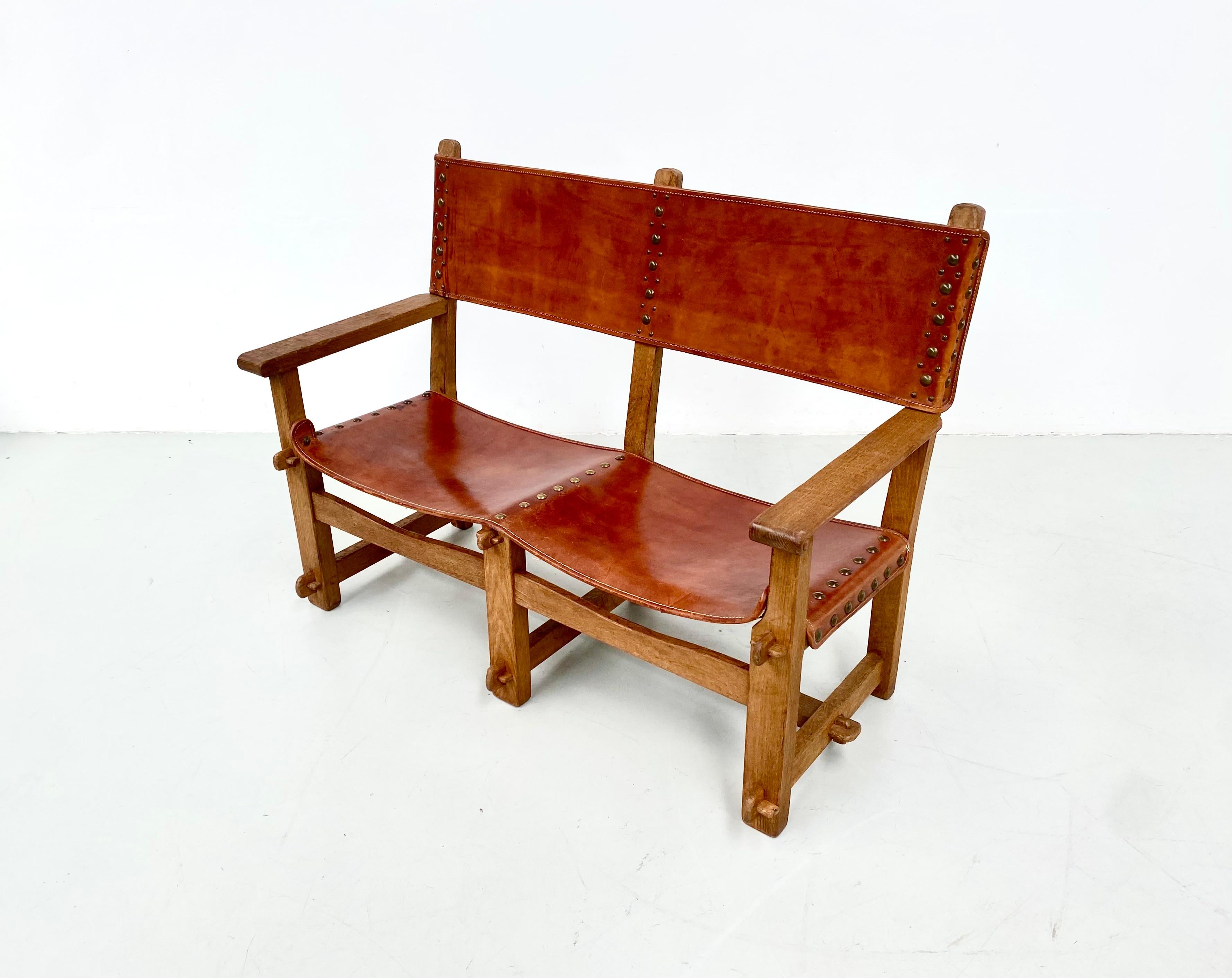Castle Bench Antique French Handmade Brutalist Oak and Cognac Leather Castle Bench ...