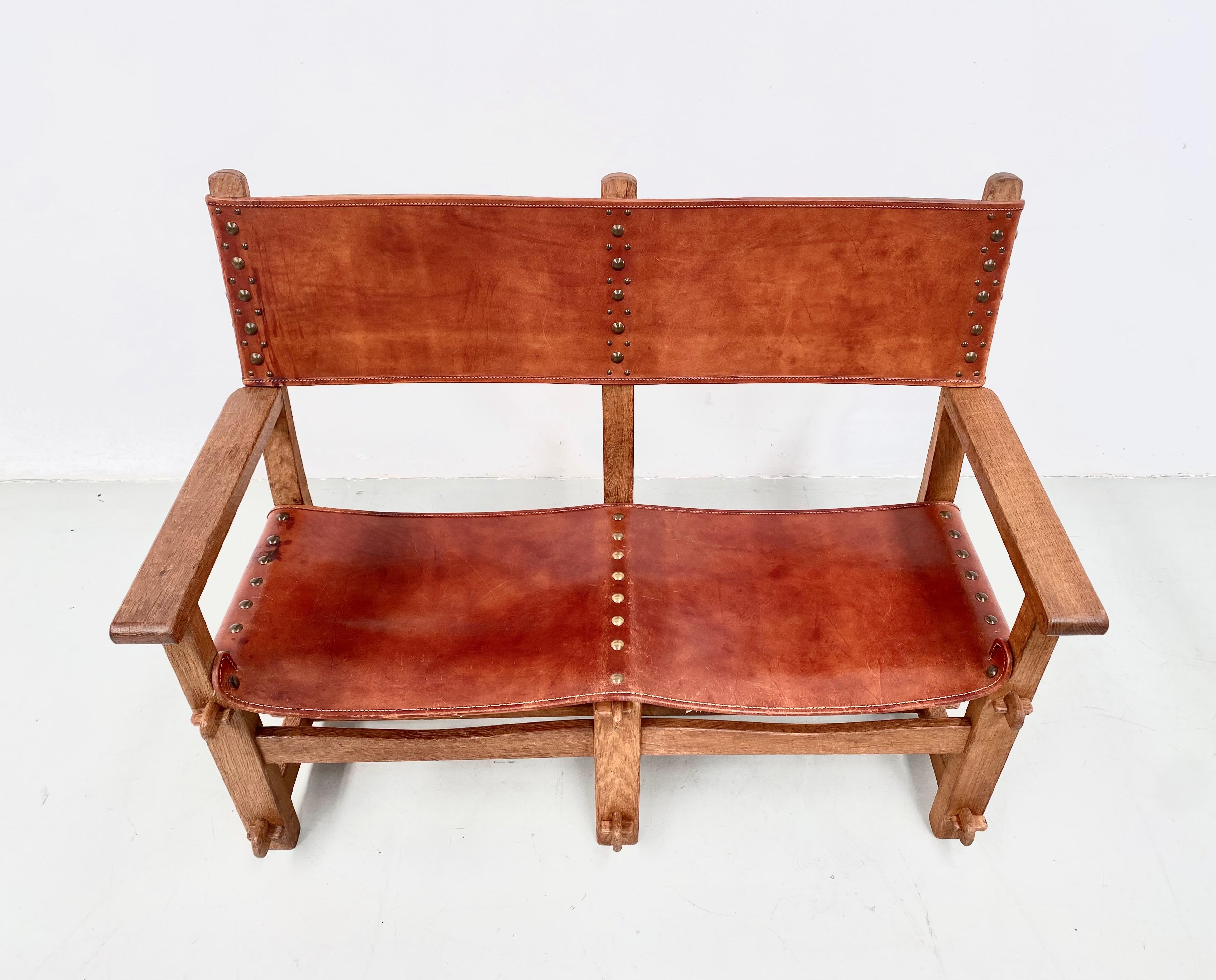 Antique French Handmade Brutalist Oak & Cognac Leather Castle Bench, 1920s For Sale 3