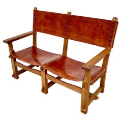 Antique French Handmade Brutalist Oak & Cognac Leather Castle Bench, 1920s