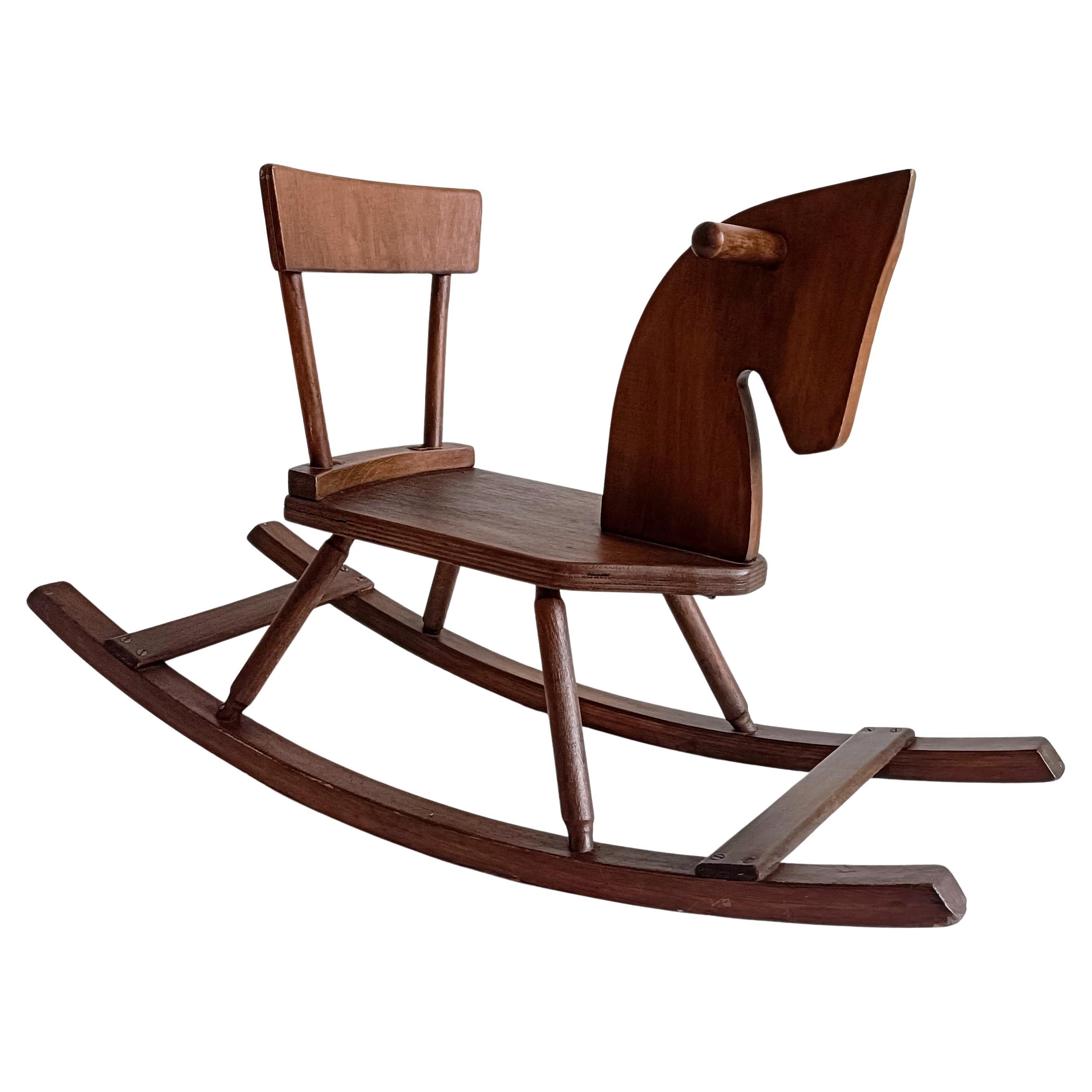 Antique French Handmade Pine Baby Rocking Horse Chair, Early 20th Century