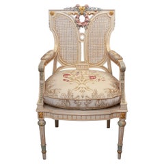 Antique French Handpainted Chair with Cane Webbing and Brocade Upholstery
