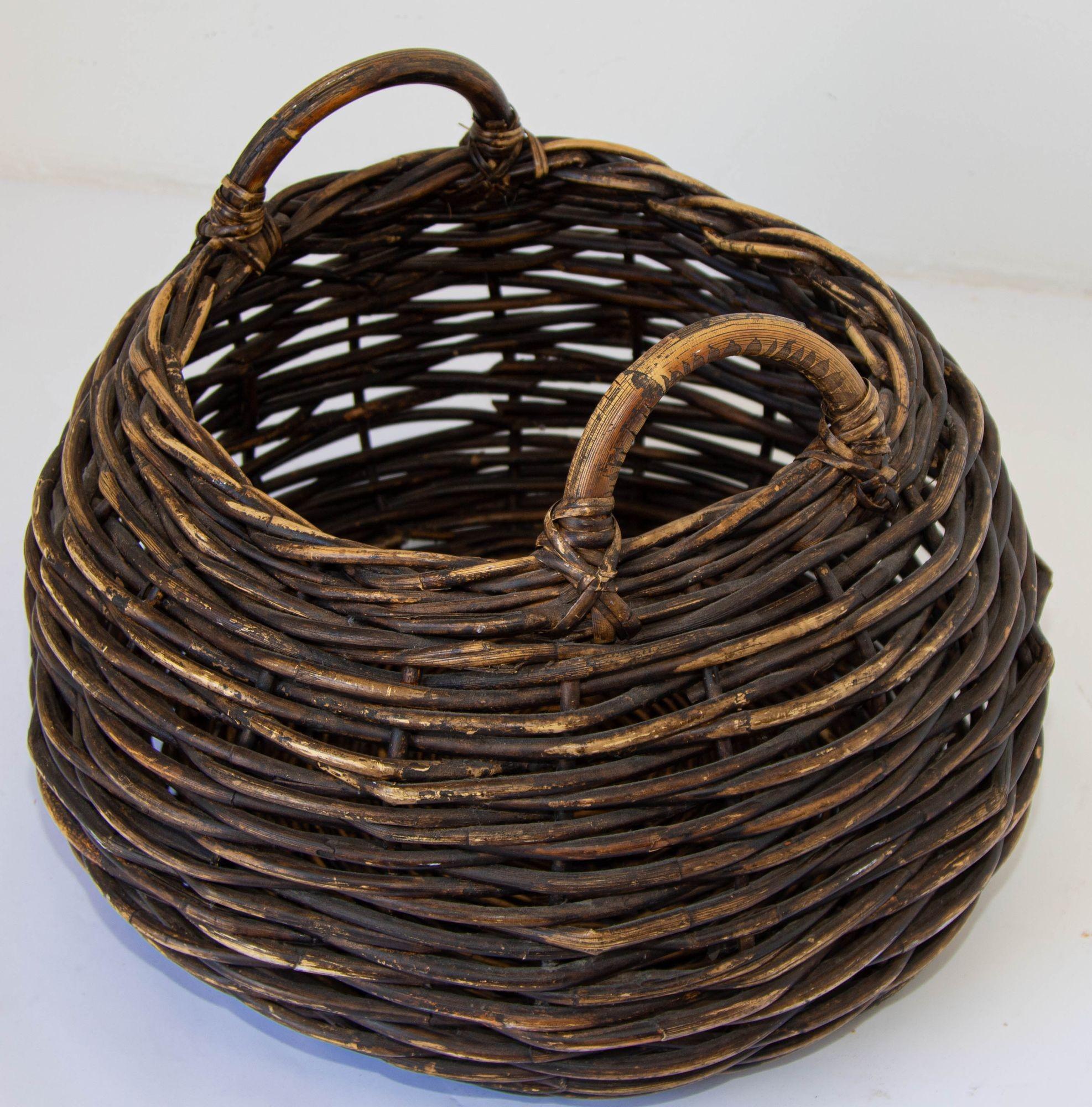 Antique French Handwoven Wicker Harvest Basket with Wood Handle 5