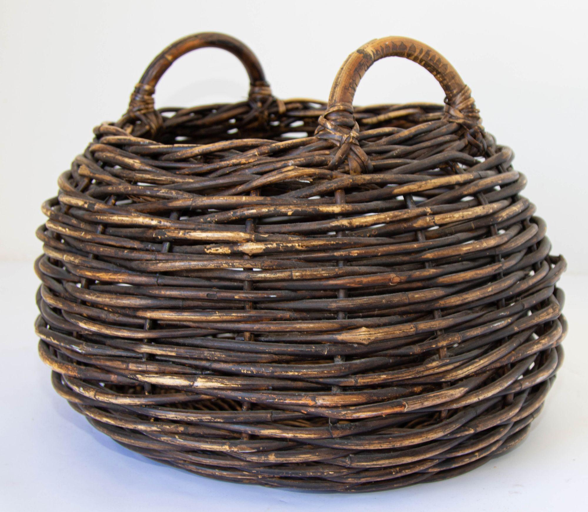 Antique French Handwoven Wicker Harvest Basket with Wood Handle 8
