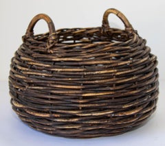 Antique French Handwoven Wicker Harvest Basket with Wood Handle