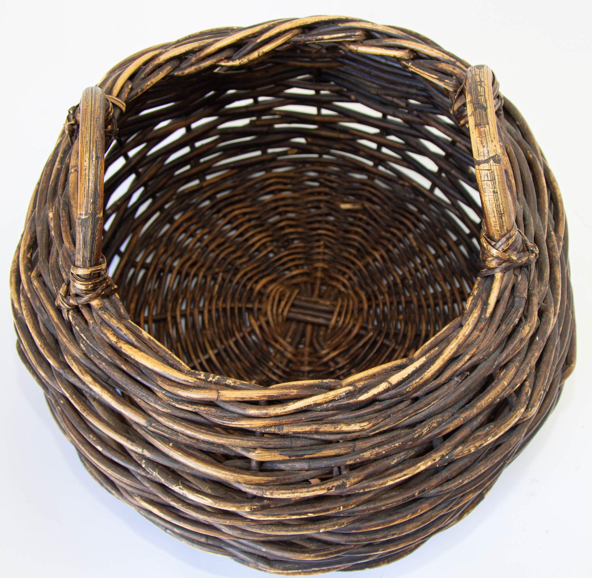 French Provincial Antique French Handwoven Wicker Harvest Basket with Wood Handle
