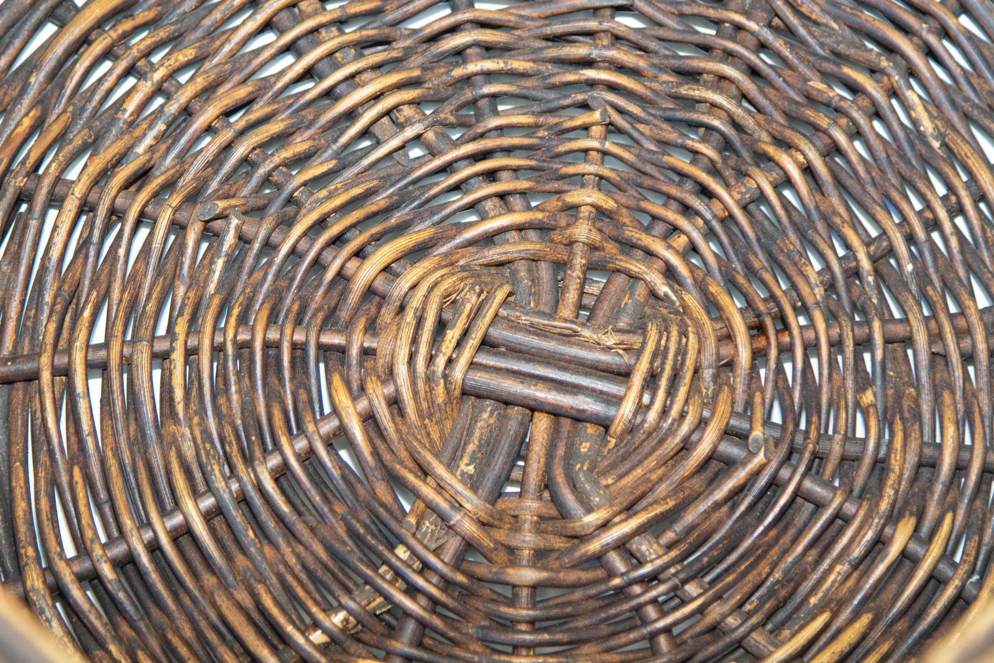 Hand-Crafted Antique French Handwoven Wicker Harvest Basket with Wood Handle