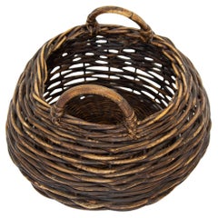 Antique French Handwoven Wicker Harvest Basket with Wood Handle