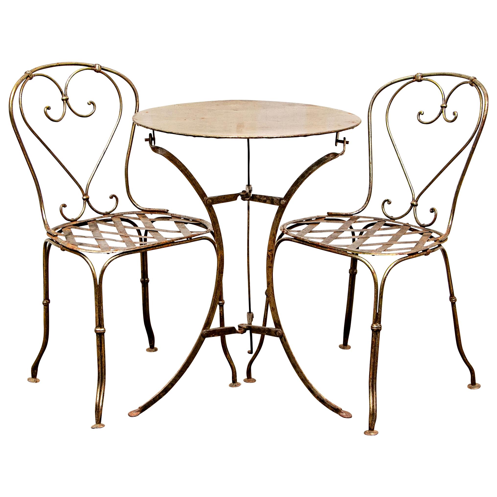 Antique French Handwrought Iron Table and Two Chairs