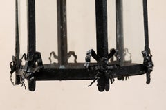 Antique French Hanging Black Iron Lantern with Ribbon and Floral Motif