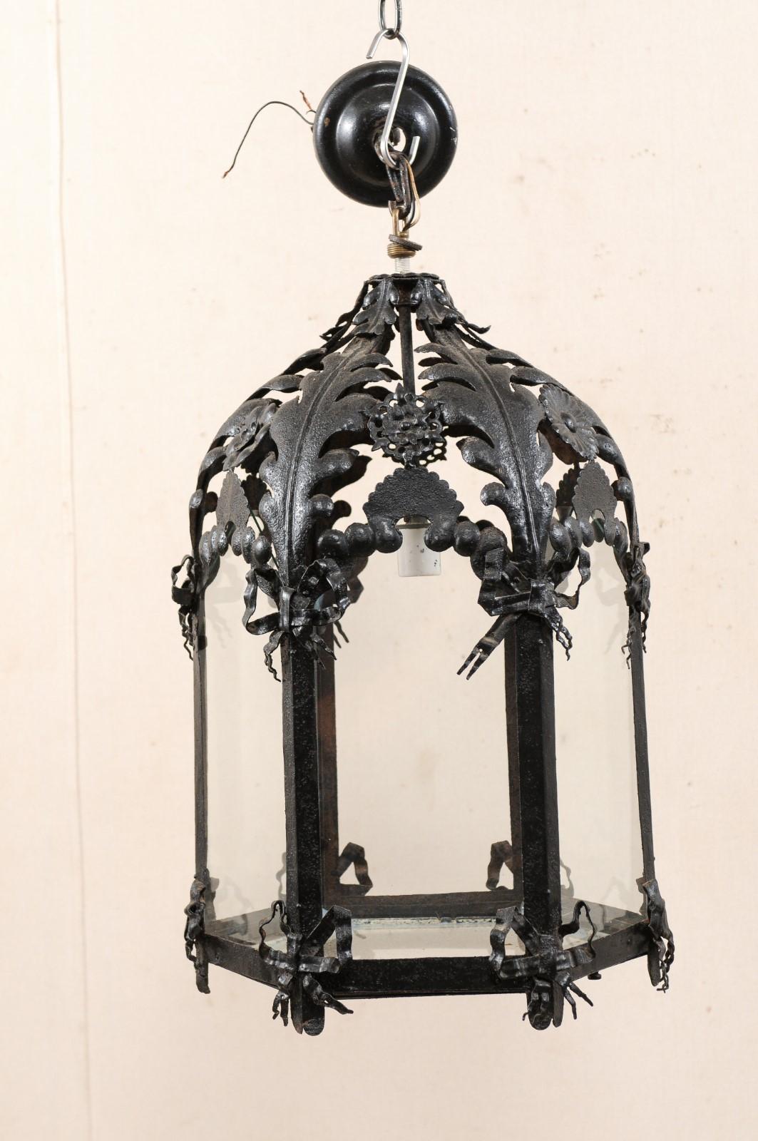Antique French Hanging Black Iron Lantern with Ribbon and Floral Motif 1