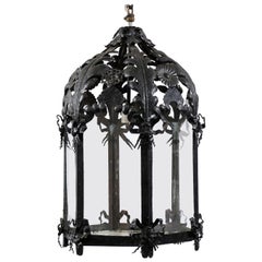 Antique French Hanging Black Iron Lantern with Ribbon and Floral Motif