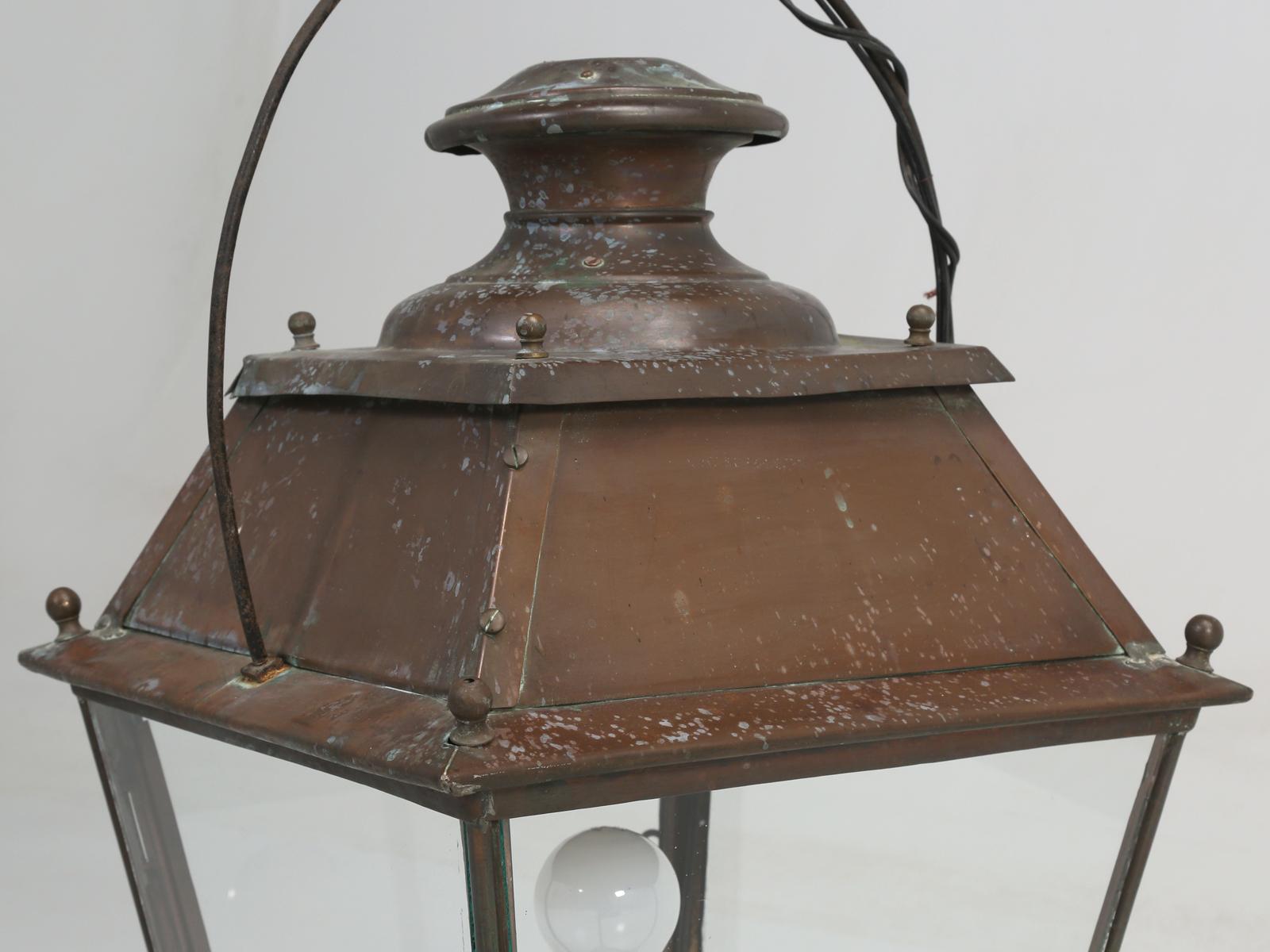 Early 20th Century Antique French Hanging Copper Lantern Converted from Oil to Electricity For Sale