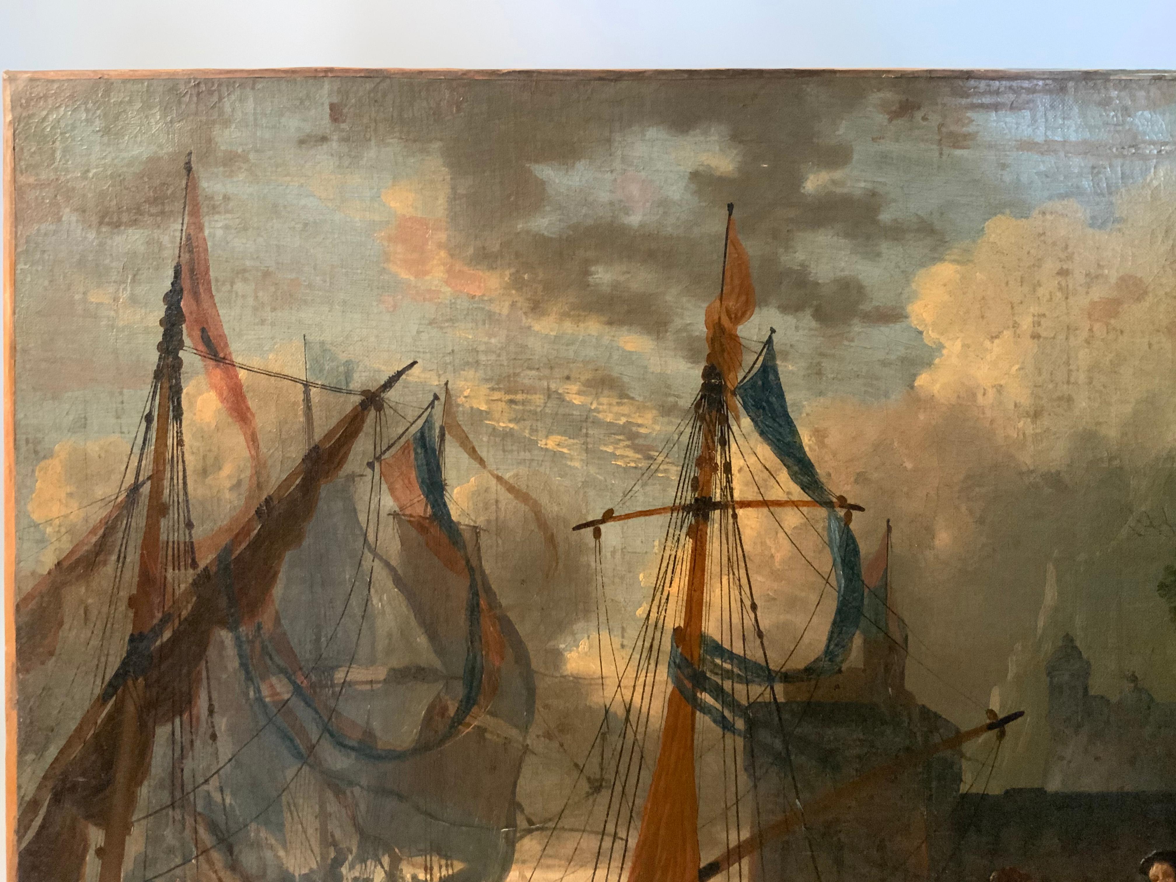Canvas Antique French Harbor Scene Oil Painting, attrib. Claude-Joseph Vernet