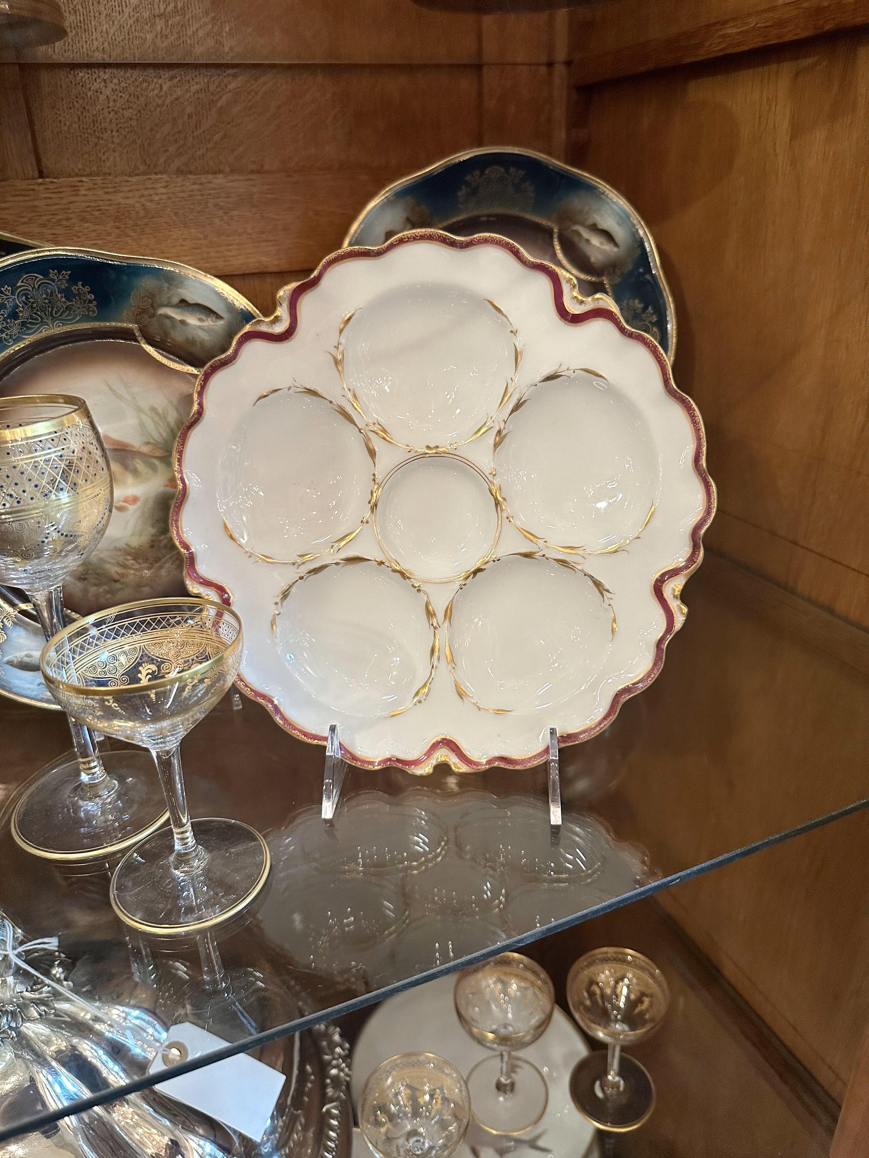 20th Century Antique French Haviland Co. Limoges Porcelain Red & Gold Oyster Plate Circa 1900 For Sale