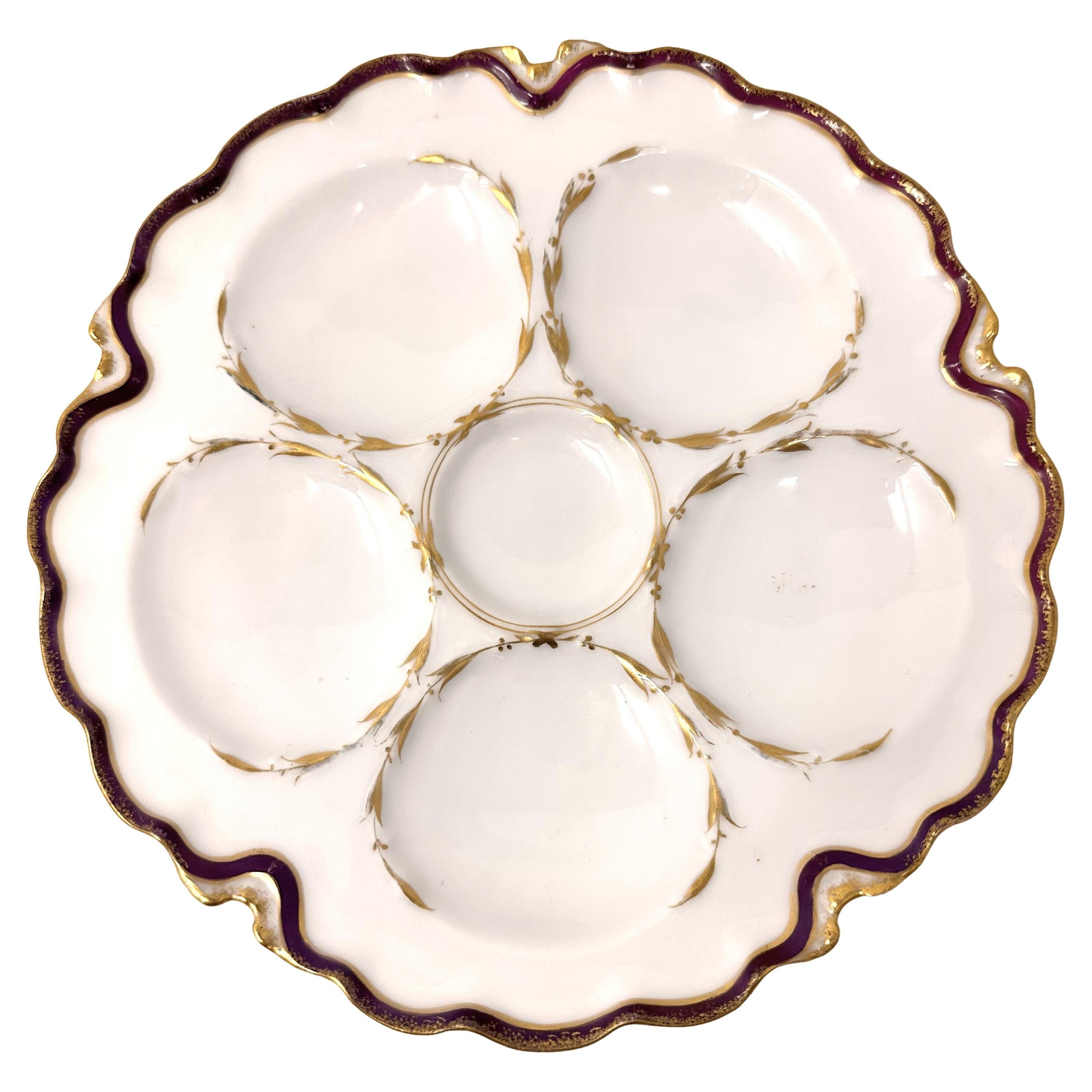 Antique French Haviland Co. Limoges Porcelain Red & Gold Oyster Plate Circa 1900 For Sale