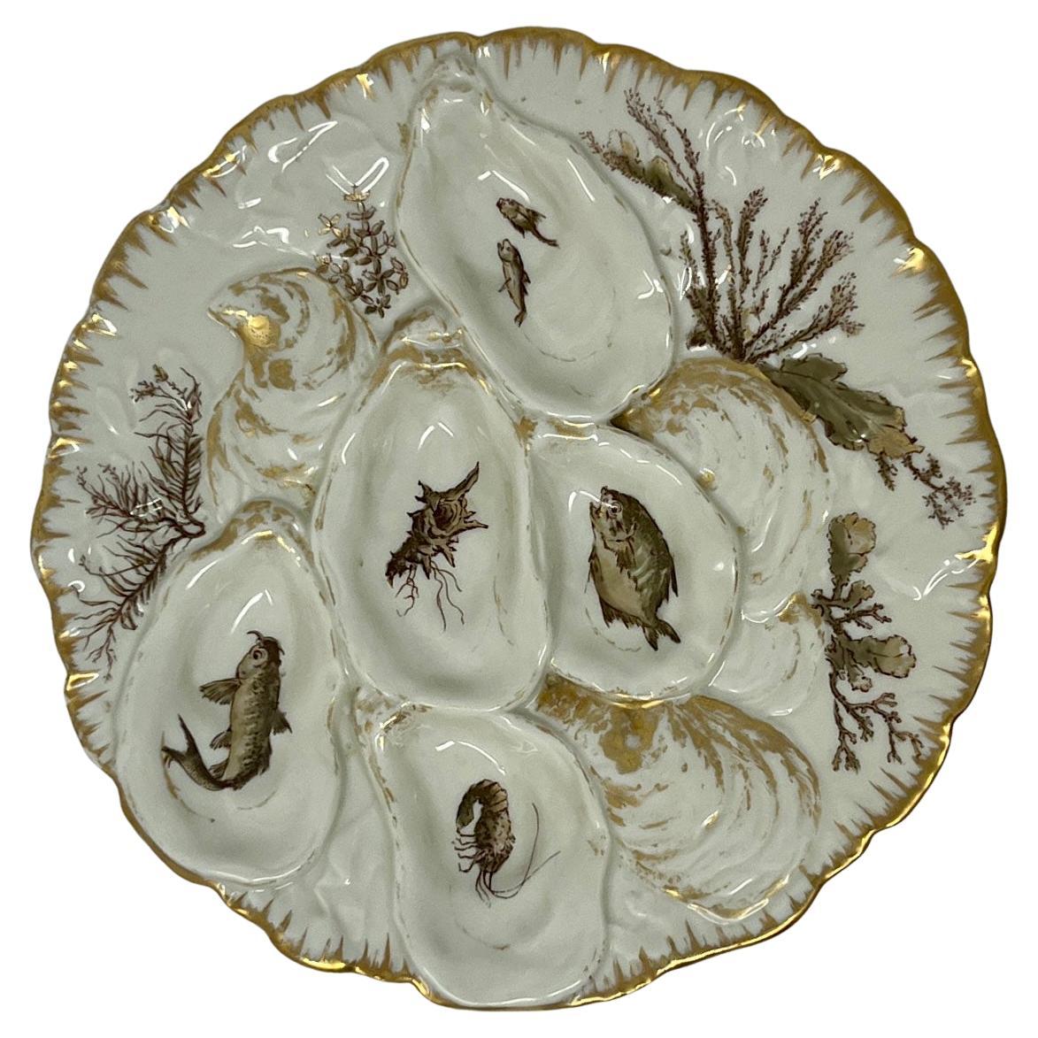 Ancienne pièce française "Haviland & Co". Assiette à huîtres en porcelaine de Limoges à motif de dinde en vente