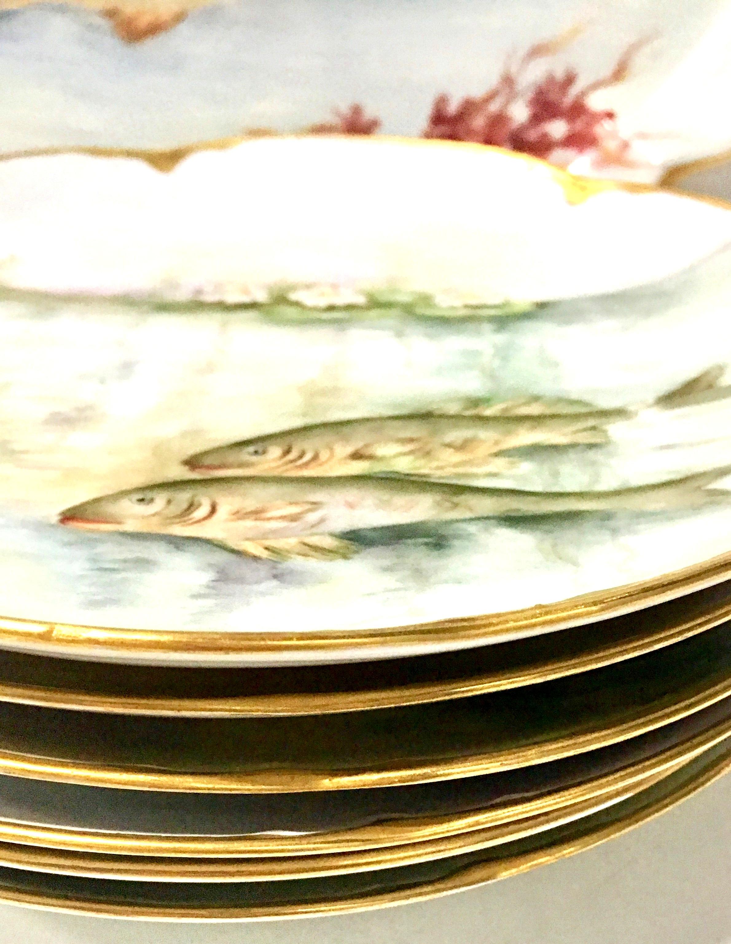 Gold Antique French Haviland Limoge & JHR Bavaria Porcelain Fish Service S/7 For Sale