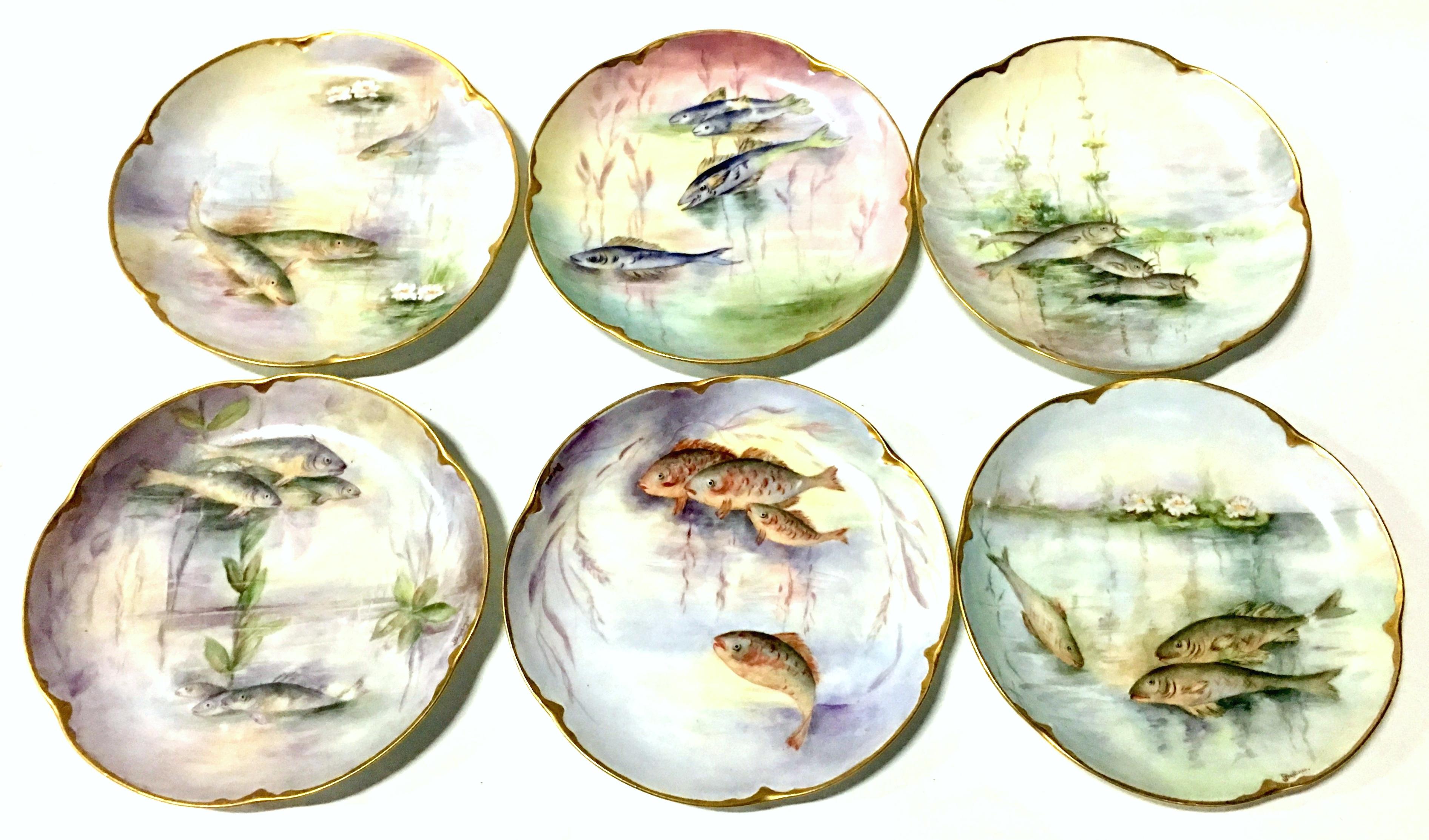 Antique French Haviland Limoge & JHR Bavaria Porcelain Fish Service Set of 7 In Good Condition In West Palm Beach, FL