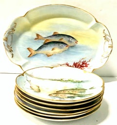 Antique French Haviland Limoge & JHR Bavaria Porcelain Fish Service Set of 7