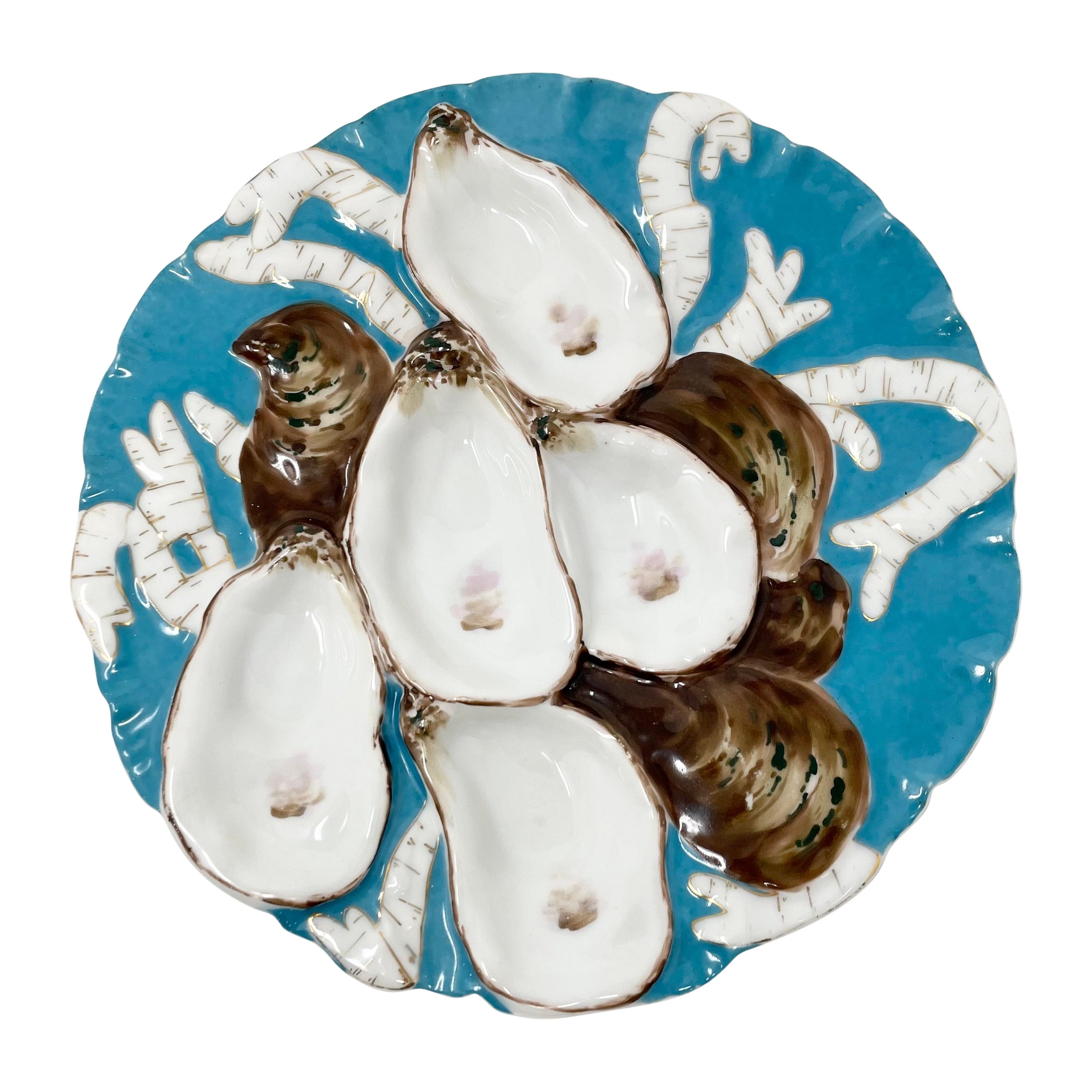 Antique French Haviland Limoges Blue Porcelain Turkey Pattern Oyster Plate, 1890