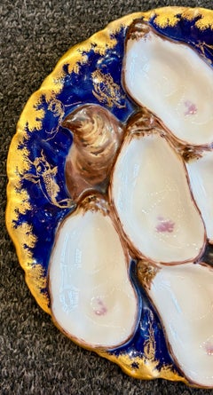 Antique French Haviland Limoges Porcelain Cobalt & Gold Oyster Plate, Circa 1890