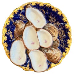 Antique French Haviland Limoges Porcelain Cobalt & Gold Oyster Plate, Circa 1890