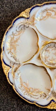 Piatto da ostriche antico in porcellana di Limoges, marca Haviland, con decorazioni in cobalto e oro, circa 1900