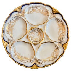 Piatto da ostriche antico in porcellana di Limoges, marca Haviland, con decorazioni in cobalto e oro, circa 1900