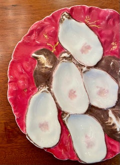 Antique French Haviland Limoges Porcelain Red Turkey Pattern Oyster Plate, 1890