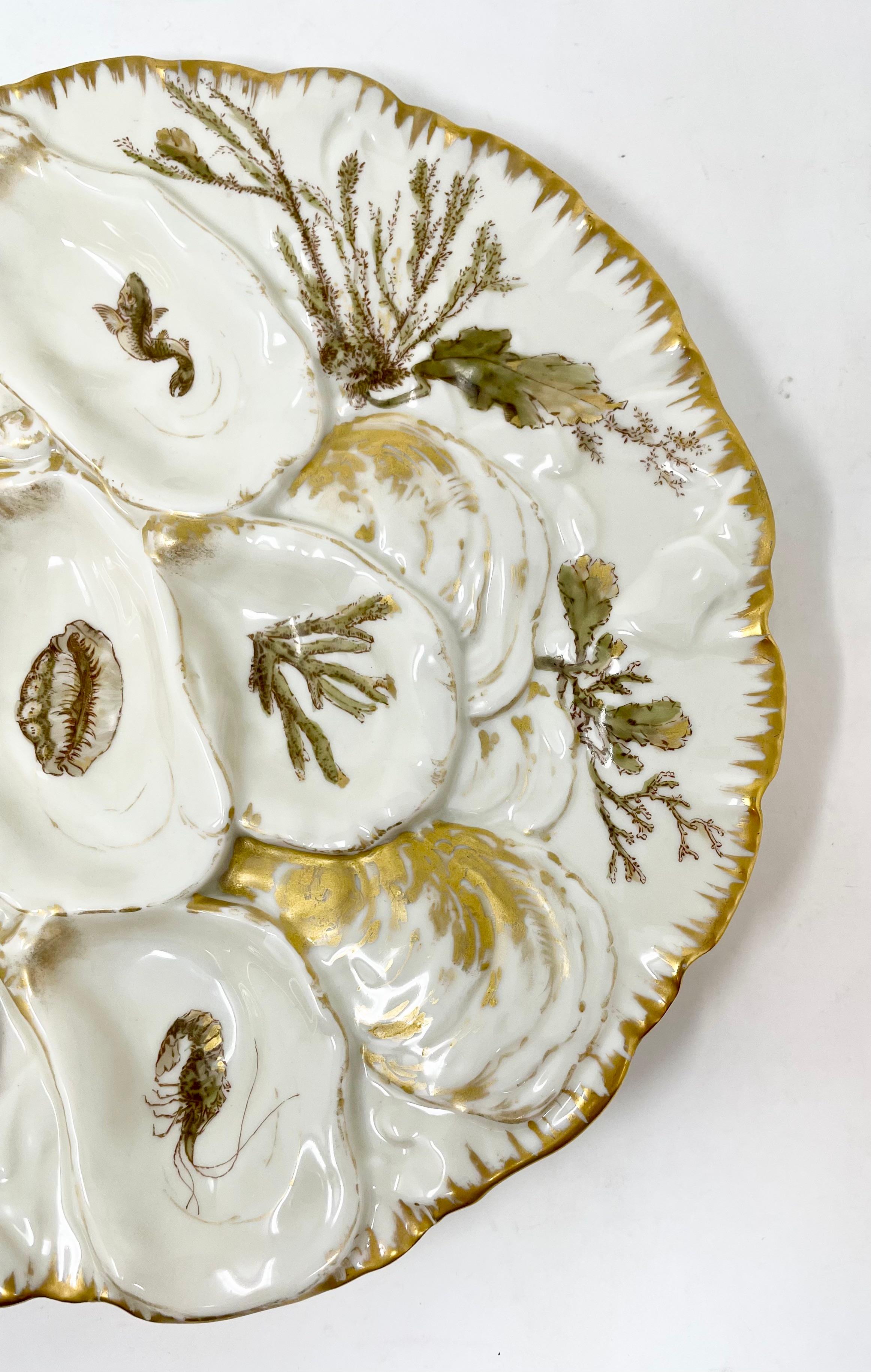 Antique French Art Nouveau design hand-painted Porcelain Turkey pattern oyster plate, Signed 