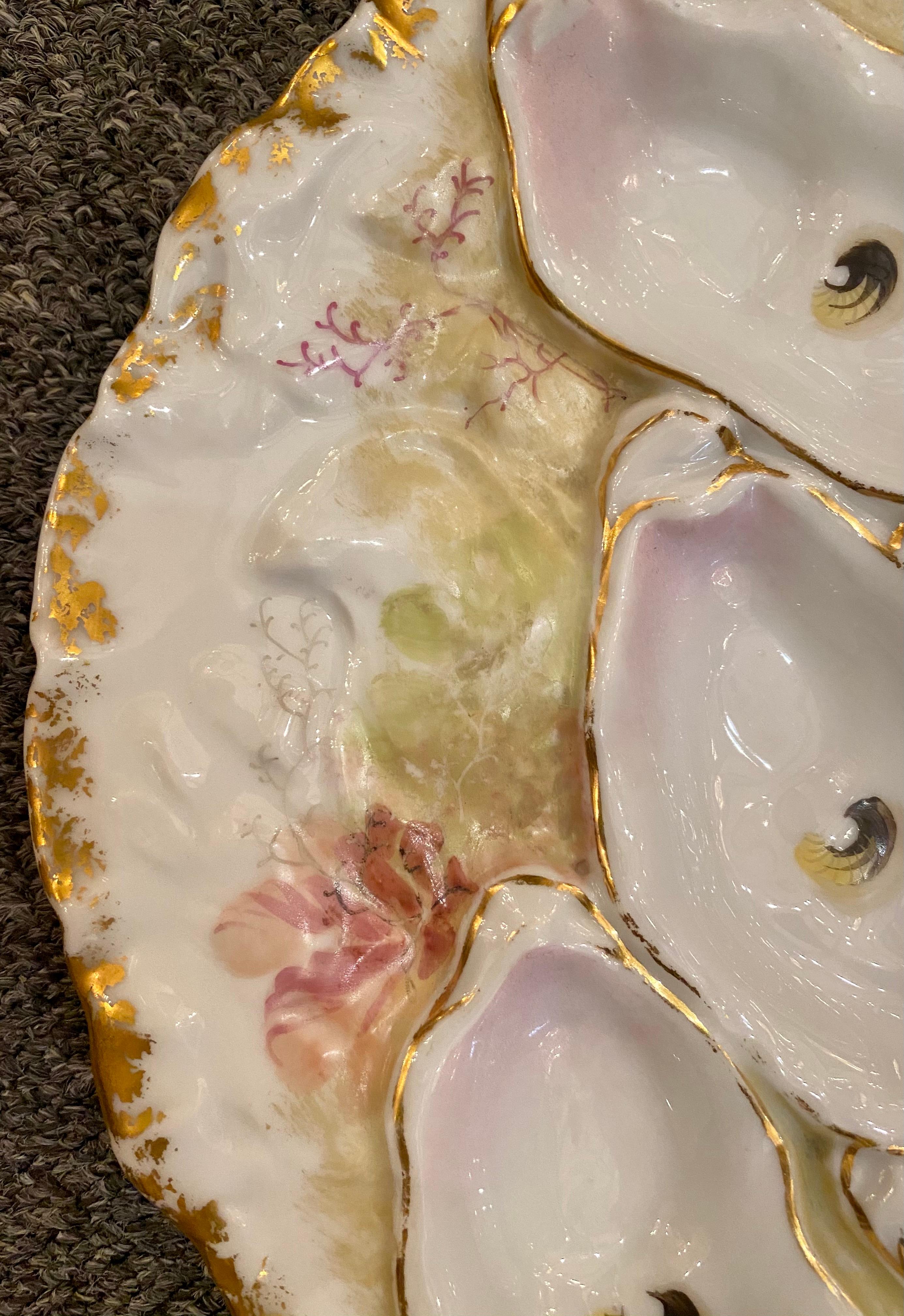 Antique French hand painted Limoges Porcelain Turkey pattern oyster plate signed, 